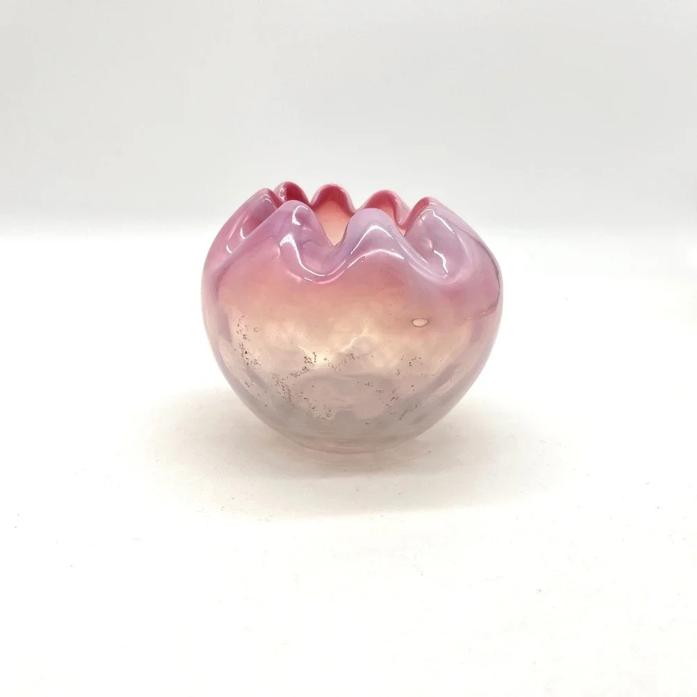 Vintage Pink Satin Glass Rose Bowl Diamond Quilted Crimped Rim Art Glass 3 inch